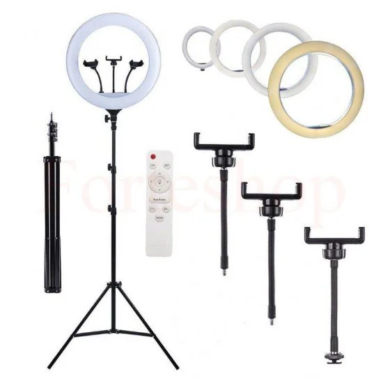 Професионална LED ринг лампа  с трипод, 3 стойки за телефон и дистанционно
