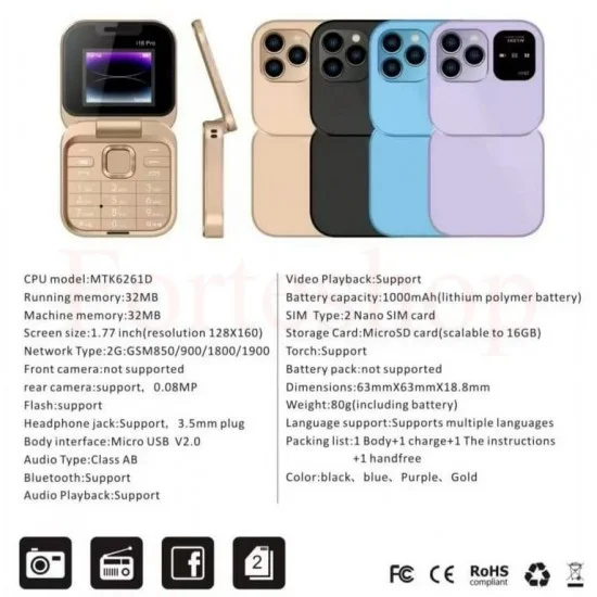 Мини сгъваем телефон i16 Pro черен цвят