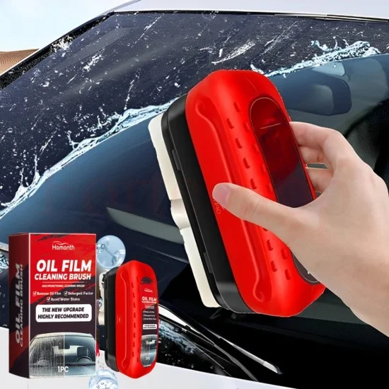 Четка за премахване на маслен филм от автомобилно стъкло – преди и след почистване