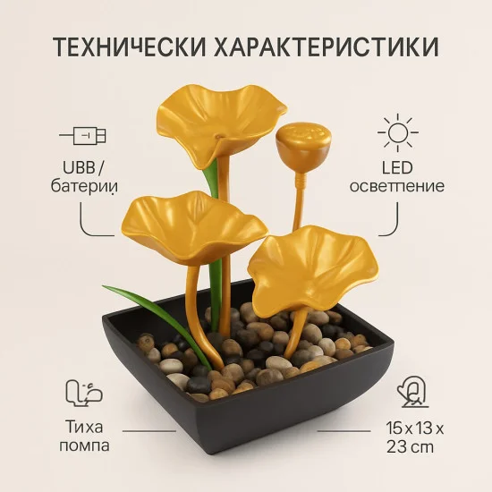 Декоративен настолен воден фонтан със златни лотосови листа и речни камъчета