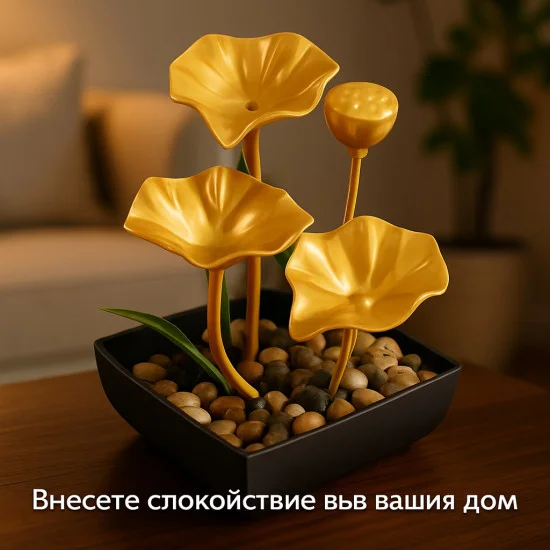 Декоративен настолен воден фонтан със златни лотосови листа и речни камъчета