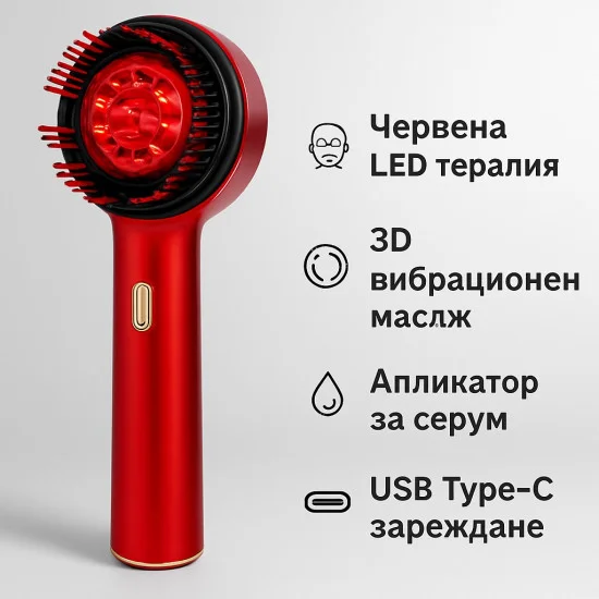 Електрически масажор за скалп с червена светлина и апликатор за серуми
