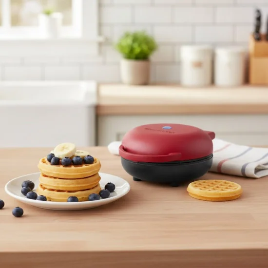 Червен мини гофретник Nutricook Mini Waffle Maker с чиния прясно изпечени гофрети и боровинки